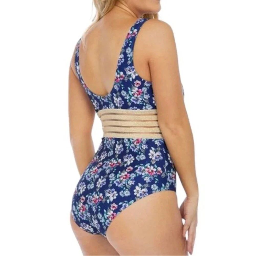 Nicole Miller Navy Floral Shimmer-Band One-Piece Swimsuit Women’s Size Large